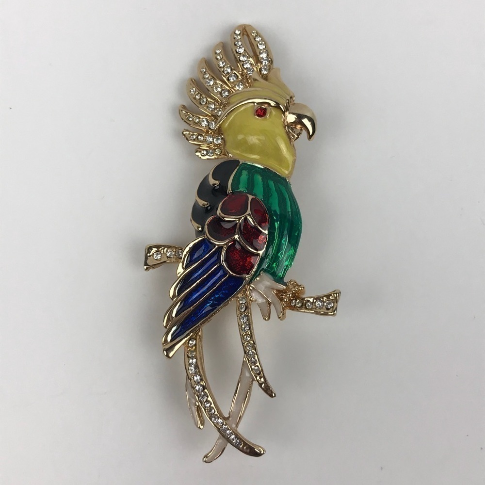 Bird Parrot Cockatoo Rhinestone Enamel Brooch Pin